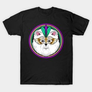 Pomeranian Or Samoyed Dog With Mask For Mardi Gras T-Shirt